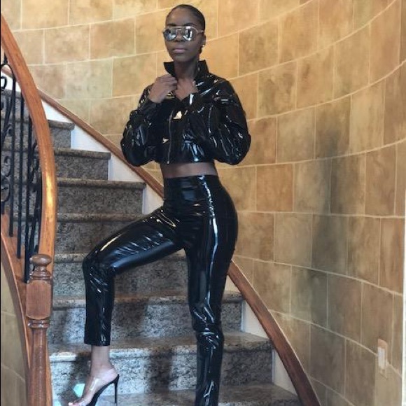Bad Girl 2pc Black Wet Vinyl Pant Set 